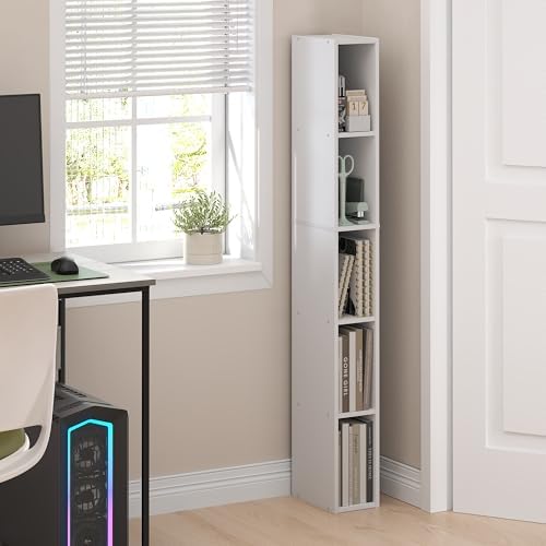Furinno Fulda Book Shelf, 5-Tier Tall Narrow Bookshelf, Standing Bookcase with 6-in Width Storage Shelf, 9.3 x 5.9 x 51.