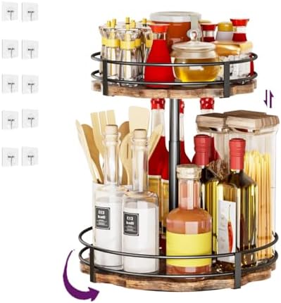 Heavy-Duty 2-Tier Lazy Susan Organizer, Adjustable to Different Heights, Countertop Spice Rack, Upgraded Thickened Woode