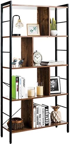 Giantex 5-Tier Bookshelf, Industrial Style Bookcase with Metal Frame, Free Standing Storage Display Shelves, Home Office
