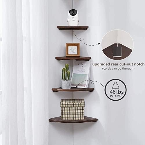 Corner Shelf,12inch Walnut Solid Wood Floating Corner Shelves Wall Mount Round End Floating Speaker Rack with Wire Hole 