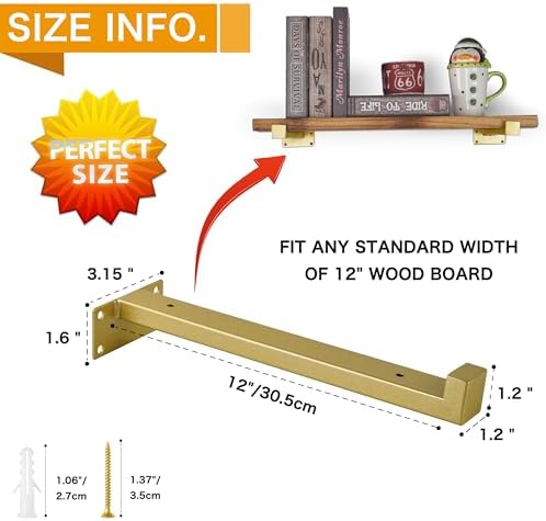 EZYDECOR 6Pcs Heavy Duty Shelf Brackets with Lip Gold 12"/300mm
