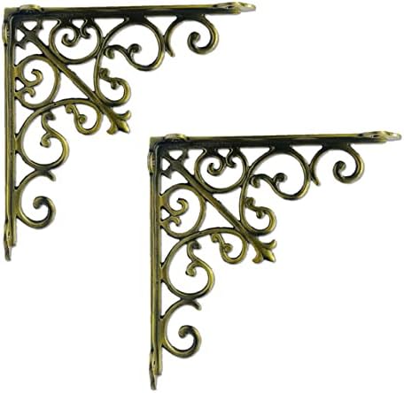 NACH Decorative Shelf Brackets, 2 Pack of 10.6 x 2 x 10.6 inch, Gold Cast Iron Wall Shelf Brackets - Decorative Bookshel