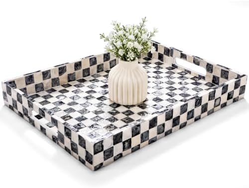 Reallnaive Mother of Pearl Lazy Susan, Square, Black White Checkerboard