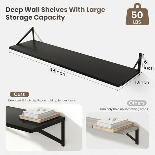 Marsmiles Deep Floating Shelves, 48'' x 12'' Black Wood Shelves Set of 2