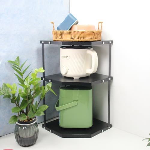 HUIJIN Black 3-Tier Kitchen Corner Rack, Triangular Storage Shelf Organizer, Multipurpose Corner Pot Rack Stand Holder