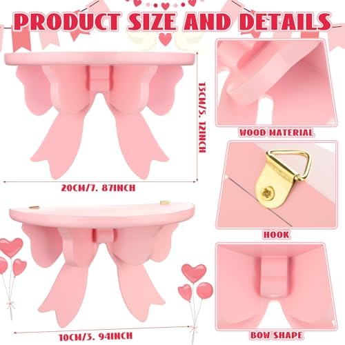 Pinkunn 2 Pcs Bow Floating Shelves Kawaii Shelf Book Stand, Pink