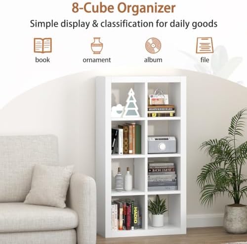 furtble Bookshelf 8-Cube Storage Organizer, Modern Wood Open Bookcase, Multifunctional Display Shelf for Living Room, Be