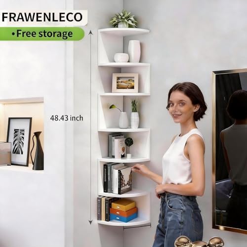 7-Tier Corner Shelf Wall Mount, Screw-Mounted Floating Bookshelf with Enhanced Support, Space-Saving Zigzag Shelf for Be