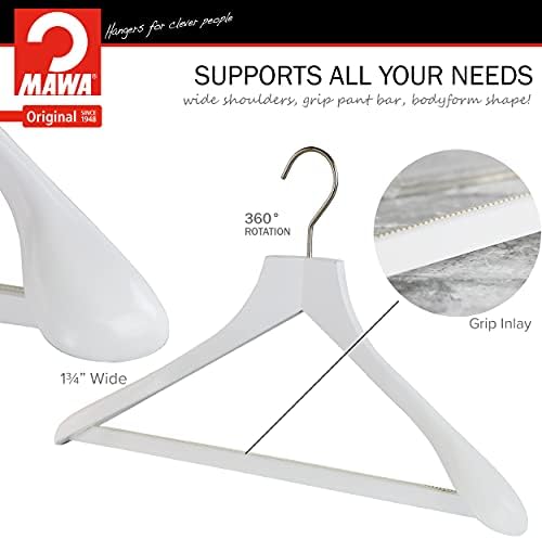 MAWA by Reston Lloyd, European Wooden Hanger, Beech Wood Body Form Hanger with Wide Supportive Shoulders, Rotating Chrom