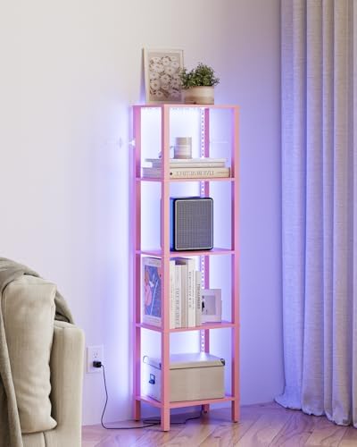 Open Book Shelf with LED Lights, 5 Tier Tall Bookshelf, Freestanding Shelf Narrow Bookcase with Open Shelves, 14.96" x 1