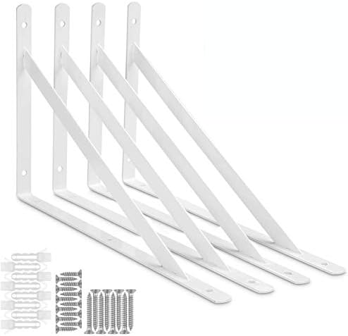 Acrux7 4 Pack White Steel Shelf Brackets 12x8inch - Heavy Duty L Brackets with Screws, White Metal Shelf Brackets - Perf