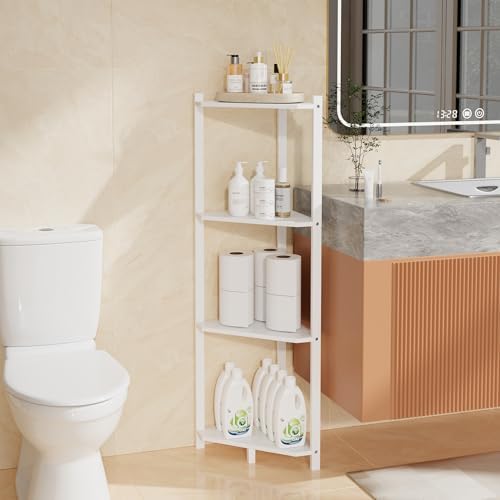 Wisuce Bamboo Small Corner Shelf Stand, 4-Tier White Corner Bookshelf