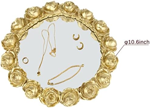 Vixdonos Decorative Round Mirror Tray Bathroom Vanity Tray with Gold Resin Rose for Perfume,Jewelry and Makeup