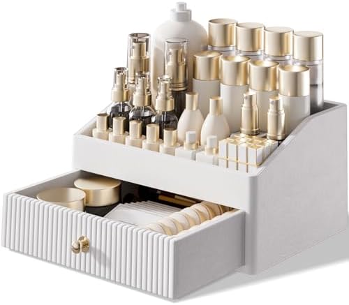 LADSTAG Makeup Organizer,Leather Skin Organizer with 1 Drawer&Tray,Luxury Beige White Makeup Storage for Perfume,Bedroom