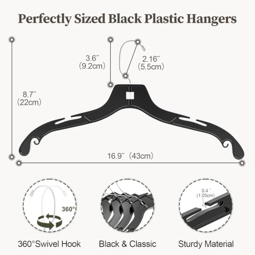 Black Plastic Hanger 50 Pack, Heavy Duty Clothes Hangers