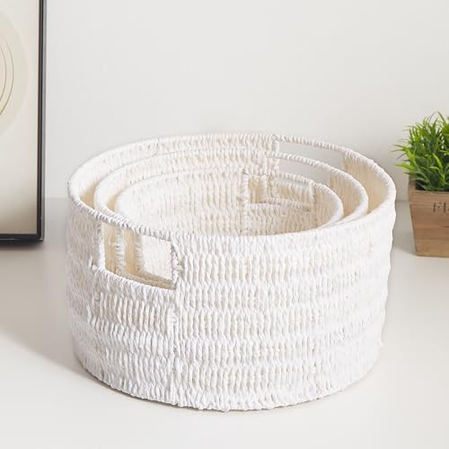 Vagusicc Wicker Storage Basket, Hand-Woven Paper Rope Large Round Woven Basket With Handles, Wicker Baskets for Organizing/Storage, White, 3-Pack