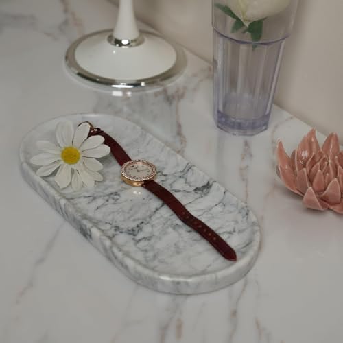 Natural Marble Tray 9.8”x4.7”x0.6” | Hand-Polished Oval Stone Tray for Bathroom Vanity & Jewelry Display – Durable, Uniq