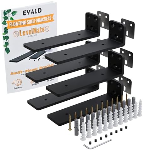 EVALD LevelMate™ 6" Swift-Mount Floating Shelf Brackets | Heavy Duty Hidden Black Carbon Steel Supports for Wood Shelves