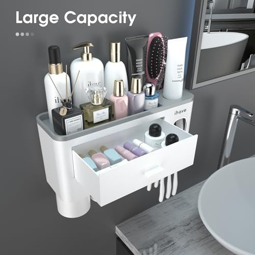 iHave Toothbrush Holders Wall Mounted with Toothpaste Dispenser & 3 Cups