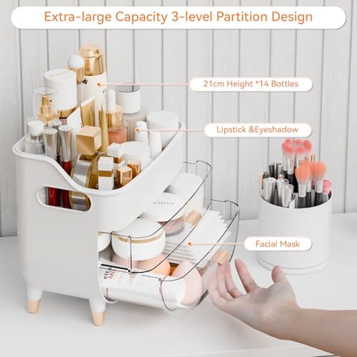 Yieach White Make up Organizers for Counter,Vanity and Dresser,Bathroom Makeup Organizer Countertop,Large Makeup Storage