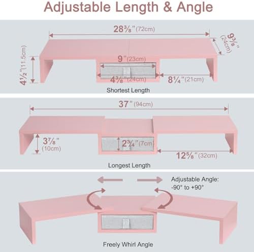 TEAMIX Pink Dual Monitor Stand Riser with Drawer - Length and Angle Adjustable Double Corner Desk Shelf Organizer 37 inc