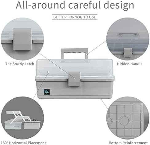 Creahaus 13 inch Art Craft Organizer Storage Box with 3 Layer, Multipurpose Plastic Tool Box with Handle for Sewing, Art