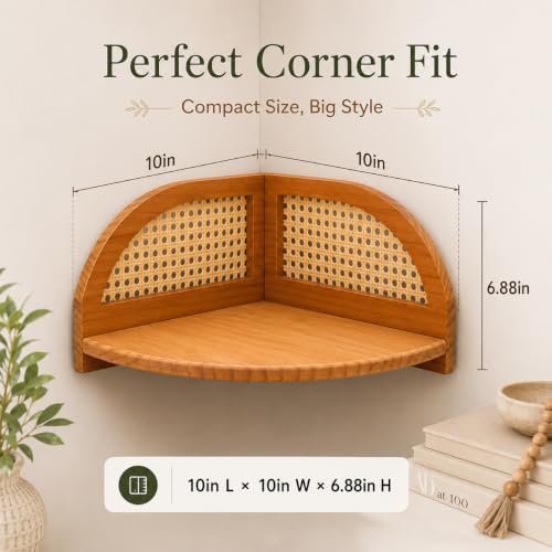 2 Pack Arched Boho Corner Shelf, Rattan Floating Wood Wall Shelves