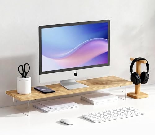 Wood Monitor Stand Riser with Acrylic Legs, Computer Screen Stand Desk Organizer, 31.5 x 7.9 x 3.1 inch, Hold up to 66 l