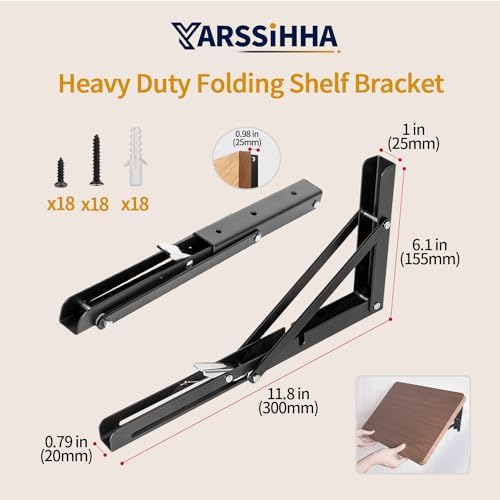 Yarssihha 12 Inch Folding Shelf Bracket, 6 Pack Heavy Duty Wall Mounted Foldable Brackets, Space-Saving Metal Collapsibl