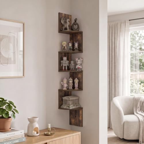 Furinno Rossi 5-Tier Corner Floating Book Shelves for Wall, Amber Pine