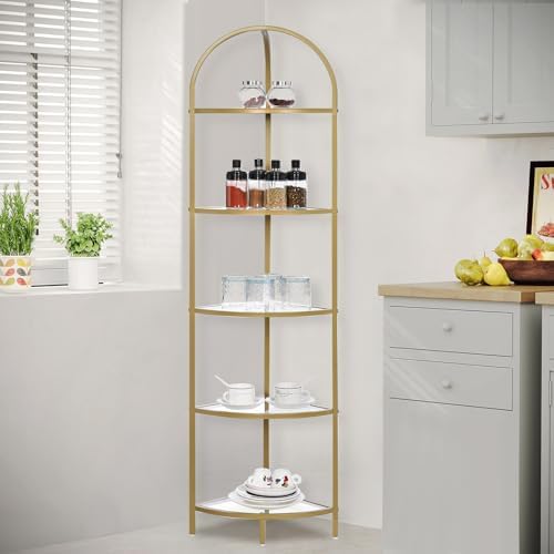 Homhedy 5-Tier Gold Corner Shelf Stand, Metal Corner Bookshelf