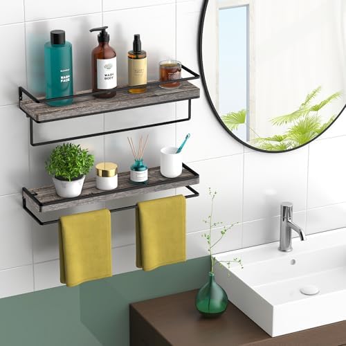 Meangood Floating Shelves Wall Mounted Set of 2, Wall Shelf with Towel Bar Rustic Wood Wall Storage Shelves for Bedroom,