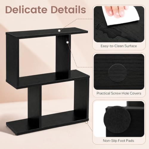 GIANTEX 3-Tier Geometric Bookshelf, Wood S-Shape Bookcase, Black