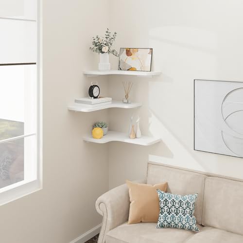 Homode Corner Floating Shelves, Set of 3 Corner Wall Shelves with Wire Hole, L-Shaped Wood Hanging Storage Shelf for Wal