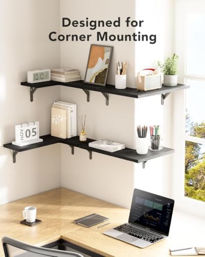 Amada Corner Floating Shelves, Paulownia Wood, Set of 4, Black