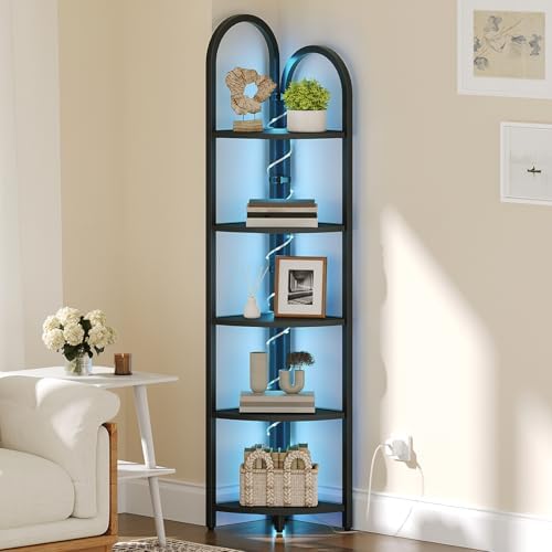 MAHANCRIS 5-Tier Corner Shelf with LED Light, 64.6'' Tall Corner Bookshelf, Narrow Storage Shelf with Metal Frame, for L