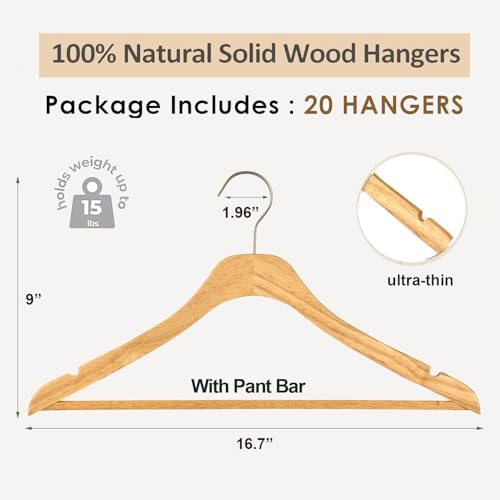 Wooden Natural Slim Solid Wood Coat Hangers,16.7inch Ultra Thin Space Saving Wooden Adult Hangers,Clothes 20 Pack Heavy 