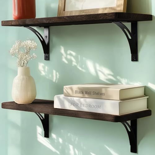 Reinforced Steel Bracket Brown Shelves for Wall - Easy to Install, Template and Video Included - Wall Mounted Rustic Woo
