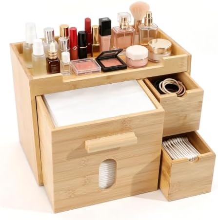 Bamboo Face Towel Holder with 3 Drawers, Vanity Skincare Organizer