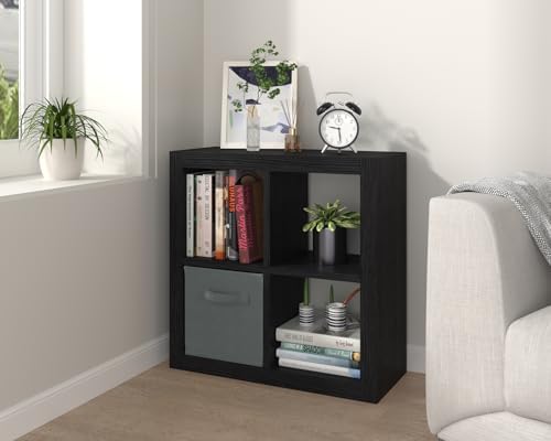furtble Bookshelf with Storage Bin, 4-Cube Storage Organizer, Modern Wood Open Bookcase, Multifunctional Display Shelf f