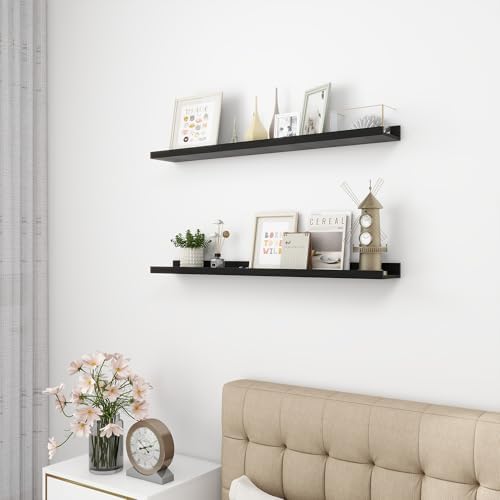 Acovy 36 inch Picture Ledge Shelf, Wood Floating Shelves, Black, Set of 2