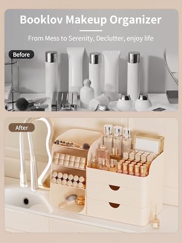 Booklov Small Makeup Organizer for Vanity Countertop, Cream