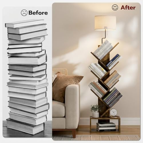 XBurmo 6 Tier Tree Bookshelf with Lights - Small Bookcase, Compact Book Tower with Drawer, Corner Bookshelf for Bedroom,