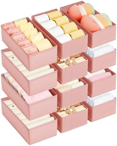DIMJ Drawer Organizer Clothes - Underwear Organizer Small Sock Organizer Closet Organizers and Storage Box Dresser Drawer Dividers for Baby Clothes,Bra,Socks, Belt, Tie, Set of 12, Pink
