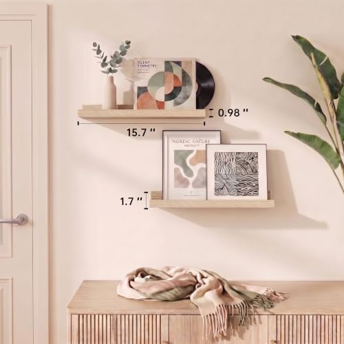 Oak Picture Ledge Shelves, 16 Inch Floating Wall Shelf Set of 2