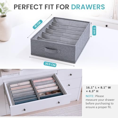 ZENO Large Drawer Organizer 16.5" L x 11.8" W x 6.7" H - 2 Pack Fabric Closet Bins with 5 Separators - Foldable Wardrobe Dividers for Sweaters, Jeans, T-Shirts & Clothes Organization