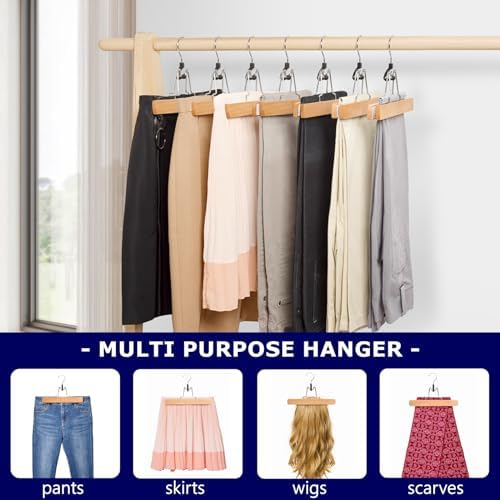 Amber Home 10 Pack Natural Wooden Pants Clip Hangers, Wood Skirt Hangers