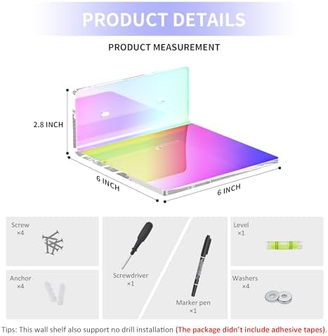 Sezanrpt 6 Inches Iridescent Acrylic Wall Shelves Set of 2, Wall Mounted Storage Display Shelves for Bedroom, Gaming Room, Living Room, Bathroom, Dining Room, Office, 2 Pack