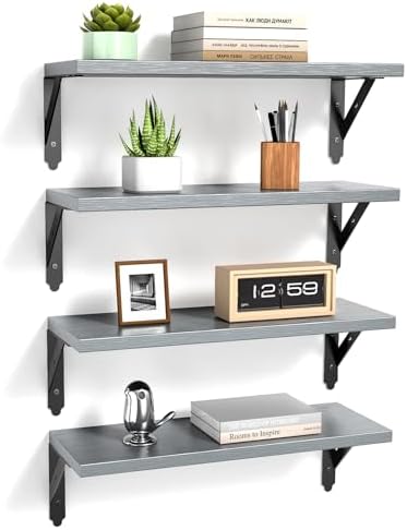 ROMGUAR CRAFT Wood Wall Floating Shelves Set of 4, 17" x 6" - Grey