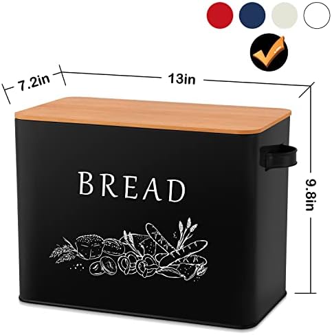 E-far Bread Box, Metal Bread Storage Container Bin with Bamboo Lid, Black
